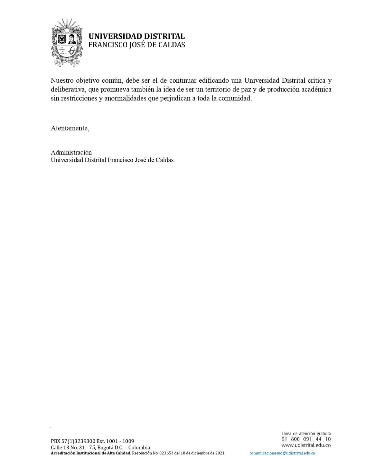 Comunicado Oficial de Rectoría a la comunidad académica 