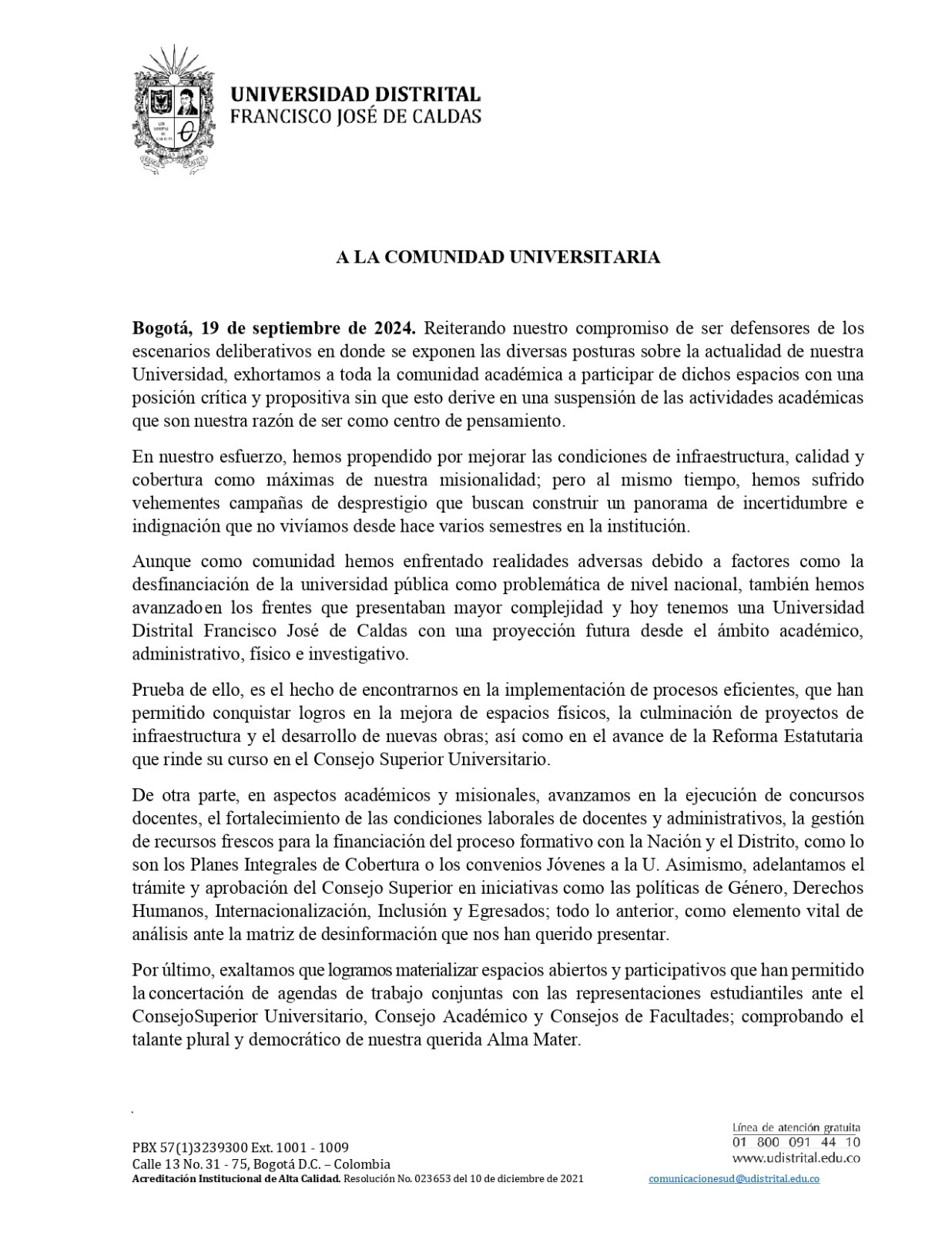 Comunicado Oficial de Rectoría a la comunidad académica 